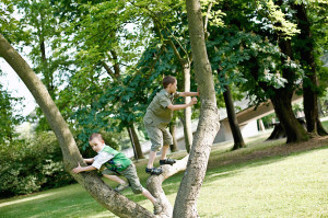 Synové Zuzky lezou po stromě v parku