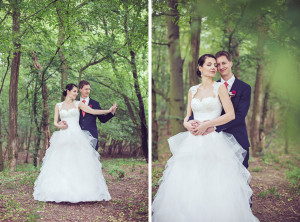 Romantický portrét nevěsty a ženicha v lese