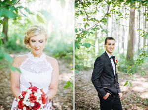 Dvojportrét ženicha a nevěsty v lesíku